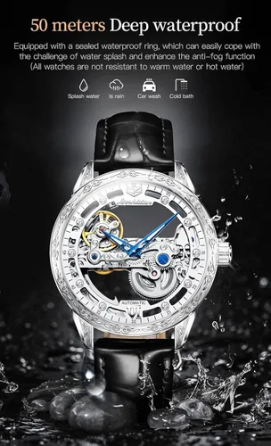 Vista 5 de Relojes de cuero de esqueleto para hombre, vestido de lujo automático, mecánico, automático, impermeable, luminoso, relojes de pulsera
