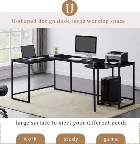 Vista 3 de Escritorio de computadora en forma de U, escritorio de esquina industrial con soporte para CPU, mesa de juegos, escritorio de estación de trabajo
