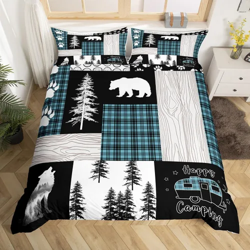 Vista 14 de Funda de edredón de oso de caza, tamaño individual, juego de ropa de cama rústica de animales del bosque para niños y niñas, funda de edredón a Oso