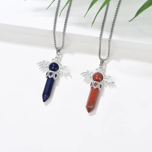 Vista 3 de Collar de cristal curativo para mujer, collar con dije de alas de ángel, piedras natales, piedras preciosas para mujeres y hombres, colgante de cruz