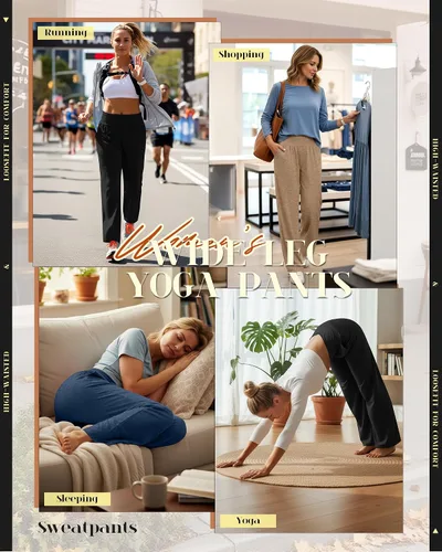Vista 59 de Neer - Conjunto de 3 pantalones de yoga de pierna ancha para mujer - Pantalones deportivos cómodos, holgados, de cintura alta y casuales