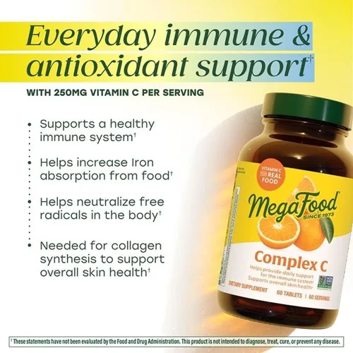 Vista 3 de MegaFood Complex C - Suplemento vegano de apoyo inmunológico de vitamina C, suplemento de vitamina C hecho con alimentos reales, incluyendo naranja