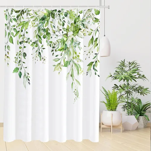 Vista 92 de Tititex - Juego de cortinas de ducha de eucalipto negro, hojas de acuarela gris en la parte superior, con decoración floral de baño, 60 x 72