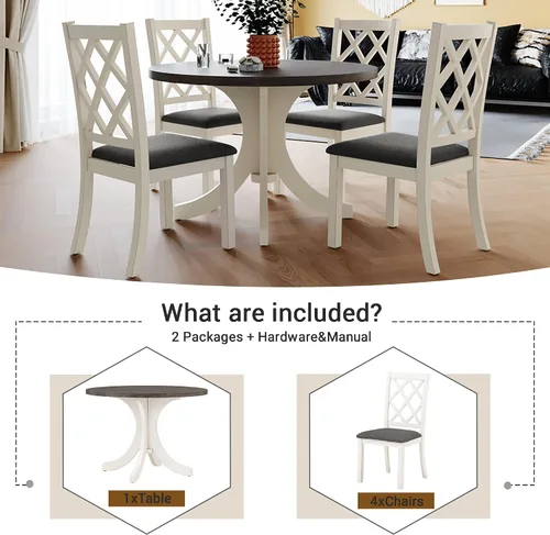 Vista 2 de Mid-Century - Juego de mesa de comedor redonda de 5 piezas de madera maciza, moderno juego de mesa de comedor para 4, mesa de comedor redonda de 42