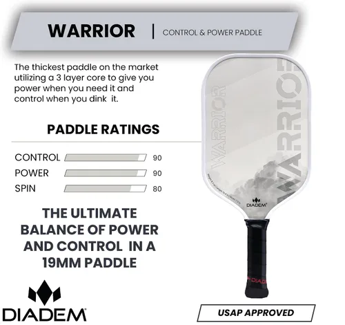 Vista 2 de Diadem Warrior pala de pickleball Cara de fibra de carbono, núcleo híbrido 3X de polímero de Nomex en forma de panal L-Core, superficie de pintura
