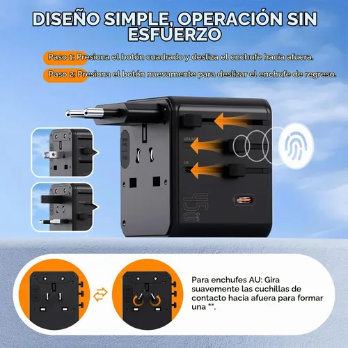 Vista 3 de Auxmir Adaptador de viaje universal, adaptador de enchufe de viaje de carga rápida PD de 45 W Negro