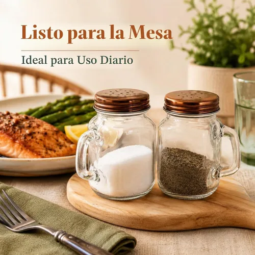 Vista 6 de Mason Jar - Juego de saleros y pimenteros de 4 onzas con asas, tapas de tono cobre, estilo rústico, estilo granja, cocina, comedor