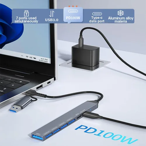 Vista 5 de Concentrador USB multipuerto USB-C, multipuerto de aleación de aluminio con 5 puertos USB, 2 puertos USB-C, para MacBook Pro Air, para iPad Pro