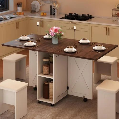Vista 2 de Juego de mesa de comedor de granja de 5 piezas para 4, mesa plegable grande de 117 cm con 4 sillas de cuero, mesa de cocina plegable con ala