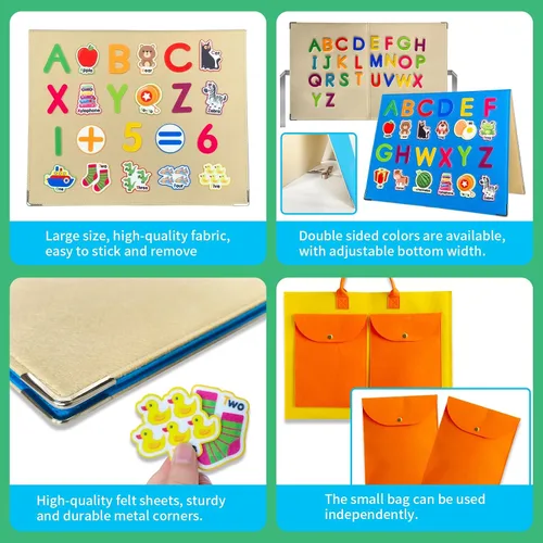 Vista 7 de Juego de tablas de franela de fieltro plegables e independientes para niños pequeños, con 75 letras de aprendizaje de fieltro, piezas de números