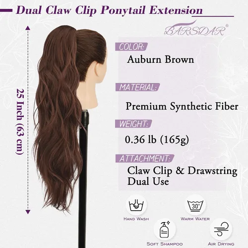 Vista 2 de BARSDAR 25 Inch Synthetic Dual Claw Clip Auburn Brown Loose Wavy Ponytail
