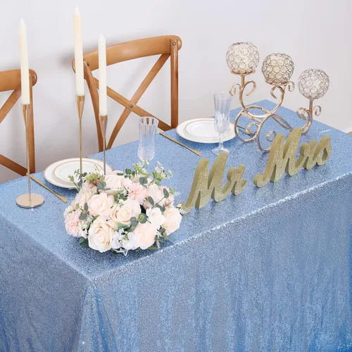 Vista 8 de Fanqisi Manteles de mesa de lentejuelas con purpurina azul bebé, 50 x 102 pulgadas, para decoración de mesa de baby shower, boda, niños, fiesta
