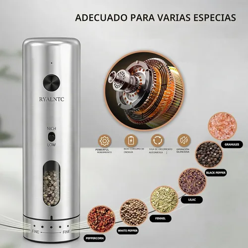 Vista 6 de Juego de molinillo eléctrico de sal y pimienta con base recargable, salero y pimentero automático de acero inoxidable, ajuste mejorado de 2