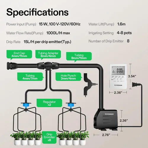 Vista 2 de VIVOSUN Kits de riego por goteo automático profesional, salida de 15 W, kit de cultivo profesional todo en uno, incluye bomba, temporizador