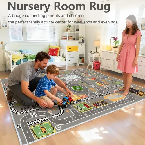 Vista 2 de Alfombra de juego para niños, ideal para jugar con autos y juguetes, alfombra educativa de carretera y tráfico para niños, alfombra divertida