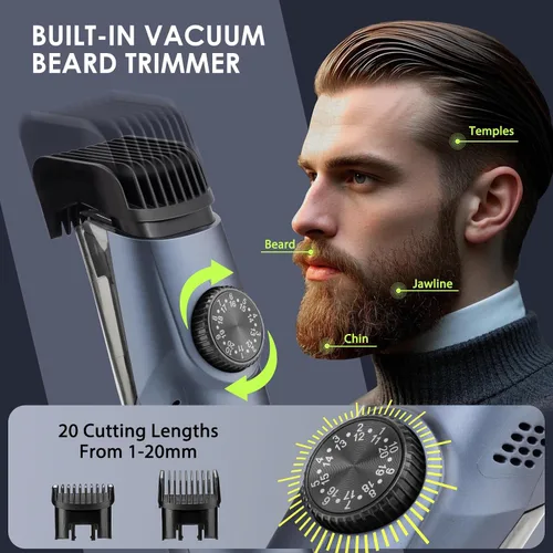 Vista 5 de Recortadora de barba con aspiración para hombres con 20 longitudes y estilos ajustables, recortadora con aspiración integrada para bigote, patillas