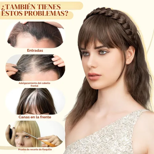 Vista 4 de SARLA Diadema trenzada con 3 flequillos desmontables con clips, extensiones de cabello con flequillo para mujer, banda de cabello sintética falsa