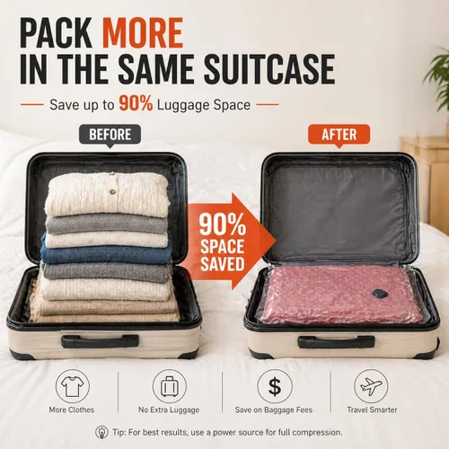 Vista 2 de IDEATECH Paquete de 15 bolsas de vacío de viaje con bomba USB, bolsas de sellado al vacío para ropa, bolsas de compresión para embalaje de maletas