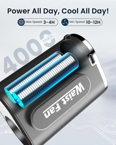 Vista 3 de SLENPET Ventilador de clip de cintura, cinturón portátil de 18000 RPM con 4 velocidades, batería de 4000 mAh, 0.34 libras, uso máximo de 12 horas