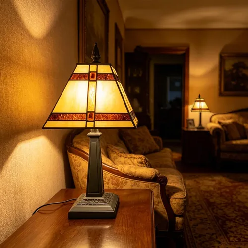 Vista 3 de Tiffany - Lámpara de mesa pequeña hecha a mano con vitrales, lámpara de escritorio antigua estilo misión ámbar para dormitorio, sala de estar