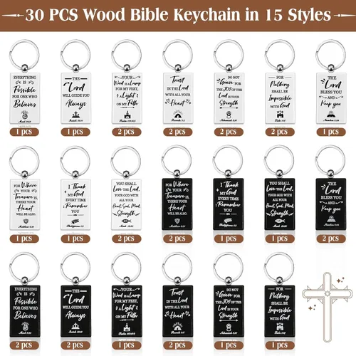 Vista 2 de Capoda Paquete de 30 llaveros cristianos a granel, regalos religiosos de madera, versículos de la Biblia, llavero rectangular de madera, letrero