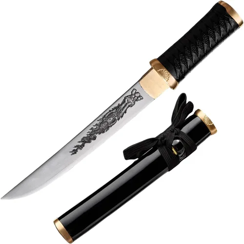 Vista 2 de Hoja de crisantemo japonesa real hecha a mano tanto corta katana samurái real de 13 pulgadas 1065 hoja de acero de resorte de acero de espiga