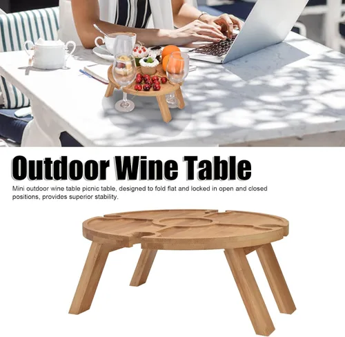 Vista 4 de Mesa de picnic plegable portátil, mesa de madera plegable al aire libre con soporte para copa de vino para senderismo, camping, cena