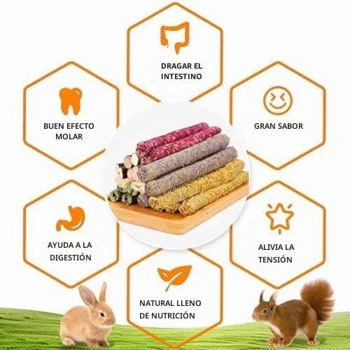 Vista 6 de Jorewood Juguetes masticables para conejos, cesta colgante natural con bambú dulce, heno Timothy, palitos de melocotón para conejos, chinchillas