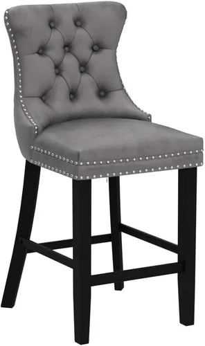 Vista 248 de SoarFlash Juego de 2 taburetes de bar tapizados de terciopelo moderno con patas de madera, botones acolchados, cabeza de clavo cromada, asiento
