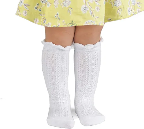 Vista 2 de Epeius - Calcetines altos de algodón para bebés y niñas de uniforme calcetas con vuelos Paquete de 3 o 5