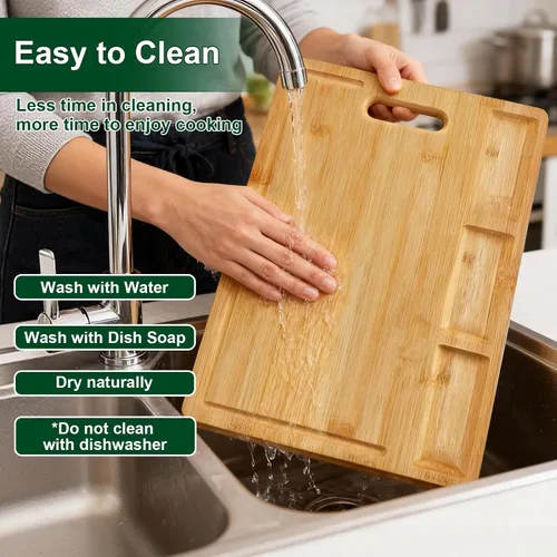 Vista 6 de Tablas de cortar para cocina – Tabla de cortar de bambú integrada con 3 compartimentos y ranuras para jugos – Bandeja de servir para carnes