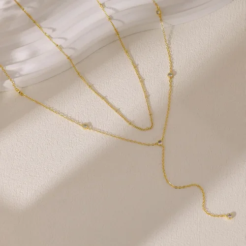 Vista 6 de Collar de oro para mujer, delicados collares largos chapados en oro de 14 quilates, barra de graduación, collar de lariat de circonita cúbica