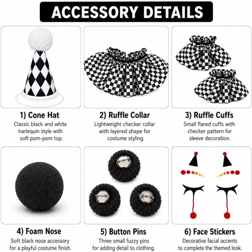 Vista 2 de Accesorios de disfraz de payaso, sombrero de bufón, cuello con volantes Blanco y negro