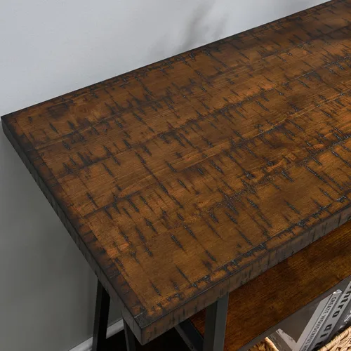 Vista 5 de Mesa consola con mesa dentada, mesa de entrada de madera maciza con estante de almacenamiento, mesa de pasillo rústica de 3 niveles, mesa de sofá
