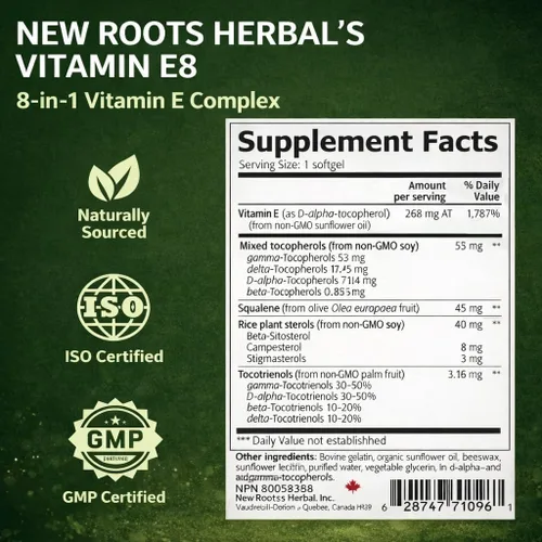 Vista 8 de NEW ROOTS HERBAL Cápsulas de vitamina E (400 UI), suplemento de vitamina E8 con los 8 tocoferoles y tocotrienoles para mujeres y hombres