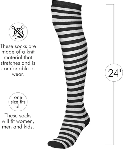 Vista 4 de Skeleteen Calcetines negros y blancos, por encima de la rodilla, a rayas, hasta el muslo, accesorios de disfraz, medias para hombres, mujeres
