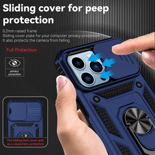 Vista 2 de Funda para iPhone 13 Pro Max de 6.7 pulgadas con protector de pantalla de vidrio templado y cubierta para cámara deslizante, anillo magnético Azul