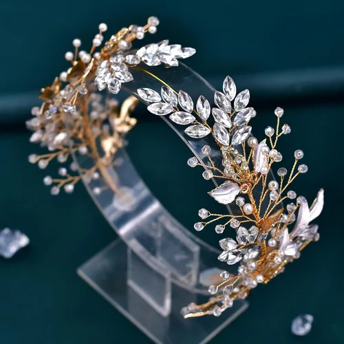Vista 4 de HONGMEI Tocado de novia para boda, accesorios para el cabello, para novias, diadema de boda con diamantes de imitación para mujeres y niñas (dorado)