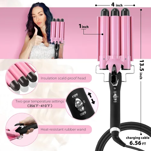 Vista 12 de Rizador de 3 barriles Aleath: Regalos de cumpleaños para mujeres, rizador de pelo de doble voltaje con temperatura ajustable, tres barriles