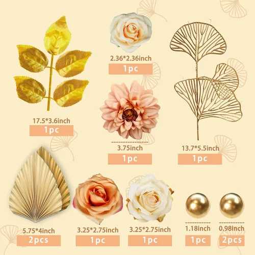 Vista 2 de DRWATE Topper para Tartas, 11 Piezas de Flores Bohemias con Hojas Doradas, Decoraciones para Tartas para Bodas, Baby Shower, Suministros