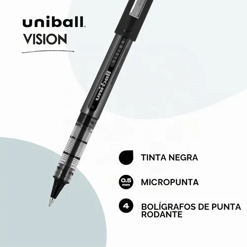 Vista 2 de uniball Vision - Bolígrafos de punta redonda (0.020 in), negro, paquete de 4