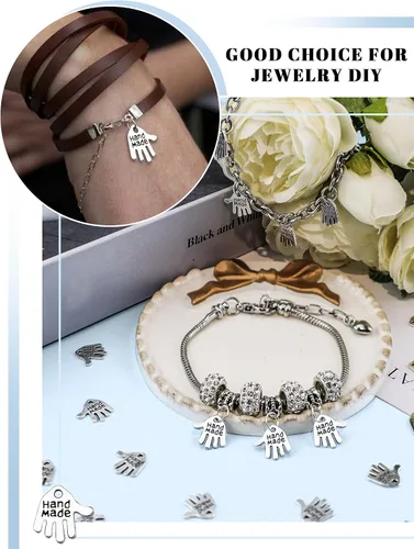 Vista 5 de JIALEEY 100 dijes en forma de mano hechos a mano, letreros tallados en tono plateado para hacer joyas de moda, hallazgos, manualidades, costura