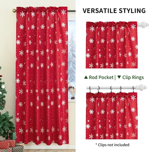Vista 2 de Cortinas navideñas para sala de estar, cortinas de lujo con estampado de copos de nieve, cortinas de ventana con bolsillo para barra, cortinas