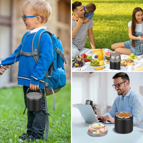 Vista 7 de JXXM Tarro de comida aislado 2 en 1 para niños, termo de sopa de 13.5 onzas con contenedor de aperitivos, termo para alimentos calientes