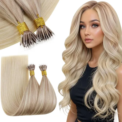 Vista 151 de RUNATURE Extensiones de cabello humano con punta en U, color marrón ceniza a rubio platino