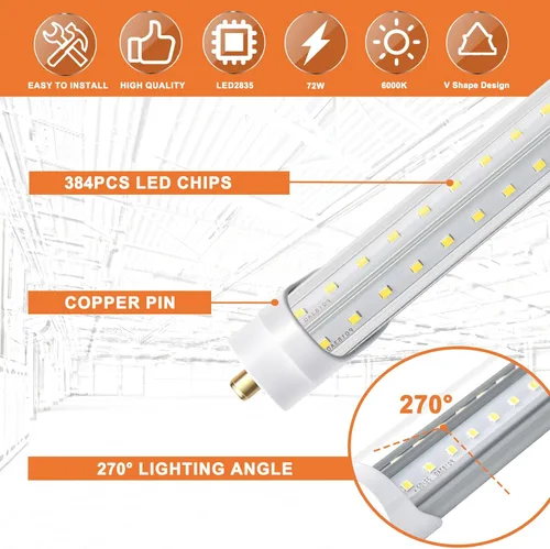 Vista 2 de ONLYLUX Bombillas LED de 8 pies, bombilla LED de 8 pies para tienda, 72 W, 6000 K, 10000 lm, súper brillante, luces T8 T10 T12 en forma de V FA8