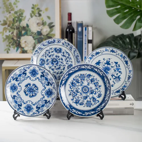 Vista 5 de Platos decorativos de porcelana azul y blanca de 10.2 in con patrón floral oriental para manualidades de cerámica para adornos, 1 plato con 1