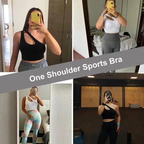 Vista 3 de Youloveit Sujetadores deportivos de un hombro para mujer, de soporte medio, con relleno, para yoga, con brasier deportivo integrado