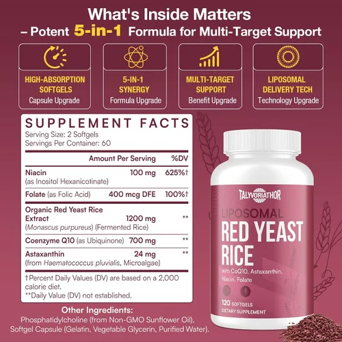 Vista 6 de Talyvoriathor Arroz liposomal de levadura roja 1200 mg con CoQ10 y astaxantina - Levadura de arroz para colesterol - Alta absorción - Sin citrinina