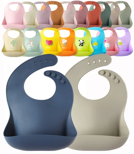 Vista 8 de Paquete de 2 baberos de silicona impermeables para bebé, ligeros, cómodos, fáciles de limpiar (verde/azul, pequeño)